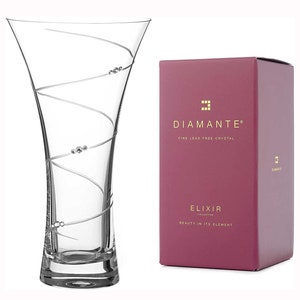 May include: A clear glass vase with a silver swirl design and small crystal accents. The vase is on a white background and has a burgundy box with the text "Diamante Fine Lead Free Crystal Elixir Collection Beauty in its Element" on it.