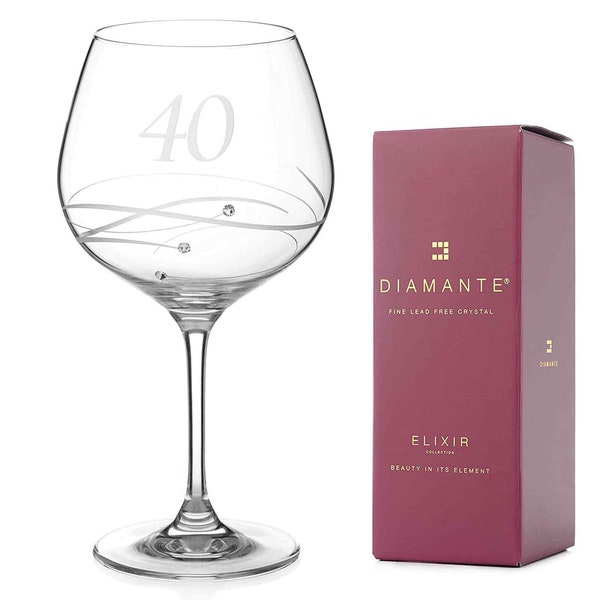 DIAMANTE Swarovski 40th Birthday or Anniversary Gin Copa – Single Crystal Gin Glass, Hand Etched “40” - Embellished with Swarovski Crystals