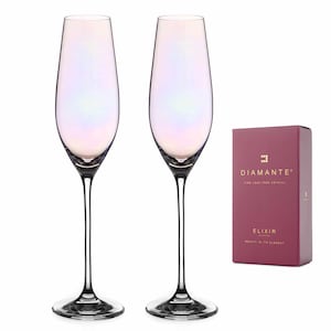 DIAMANTE champagnefluiten - iriserende holografische parelmoerglanscollectie - set van 2 in geschenkdoos