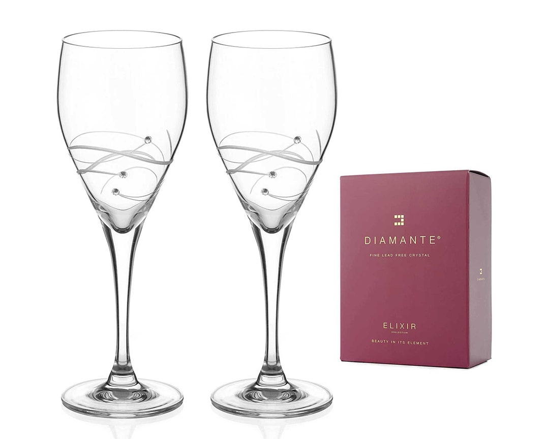 DIAMANTE Swarovski White Wine Glasses Pair 'chelsea Spiral' Design