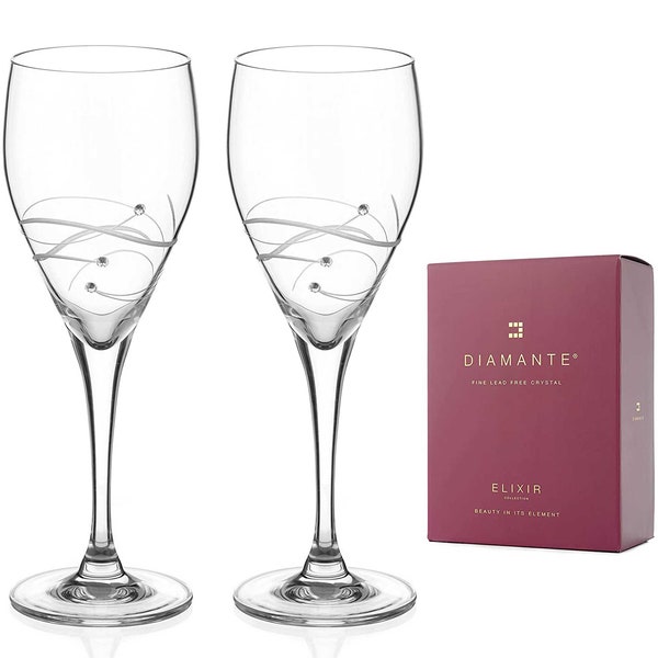 DIAMANTE Swarovski White Wine Glasses Pair - 'Chelsea Spiral' Design Embellished with Swarovski Crystals - Set of 2