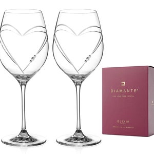 DIAMANTE Red Wine Glasses Pair – ‘Hearts’ Collection Crystal Wine Goblets Set of 2