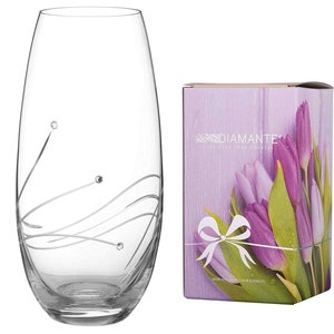 DIAMANTE Swarovski Barrel Vase &#39;Glasgow&#39; - Hand Cut Crystal Vase with Swarovski Crystals - 25cm