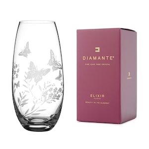 DIAMANTE 'Butterfly' Vase - Hand Etched Butterfly Pattern Barrel Vase - 25 cm