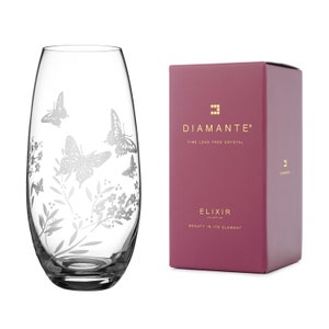 DIAMANTE &#39;Butterfly&#39; Vase - Hand Etched Butterfly Pattern Barrel Vase - 25 cm
