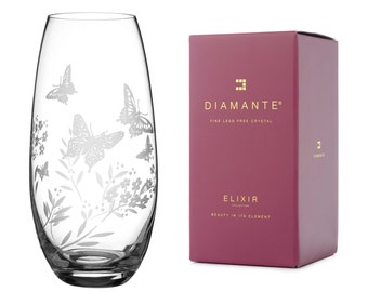 DIAMANTE 'Butterfly' Vase - Hand Etched Butterfly Pattern Barrel Vase - 25 cm