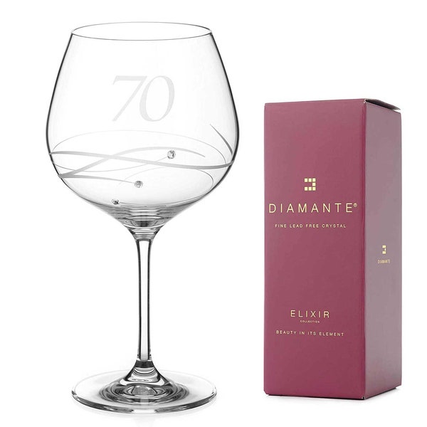 DIAMANTE Swarovski 70th Birthday or Anniversary Gin Copa – Single Crystal Gin Glass, Hand Etched “70” - Embellished with Swarovski Crystals