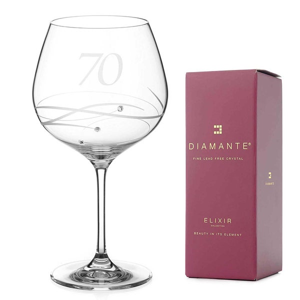 DIAMANTE Swarovski Gin Copa zum 70. Geburtstag oder Jubiläum – Einkristall-Gin-Glas, handgeätzt „70“ – verziert mit Swarovski-Kristallen