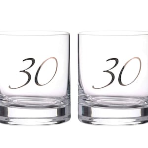 DIAMANTE&quot;30th Birthday&quot; Whisky Tumblers – Pair of Crystal Short Glasses with Platinum Embossed 30 Letterin