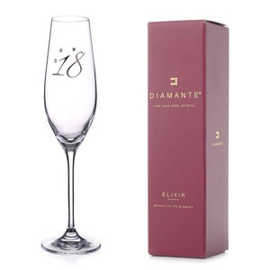 DIAMANTE Swarovski &quot;18th Birthday&quot; Champagne Flute – Single Crystal Champagne Glass with Platinum 18 Embossed and Swarovski Crystals
