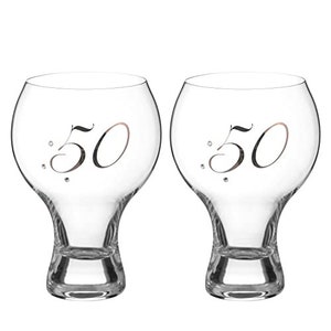 DIAMANTE Swarovski 50th Birthday Stemless Gin, Craft Beer and Cocktail Glasses Platinum – Set of Two Glasses with a Platinum Embossed “50”