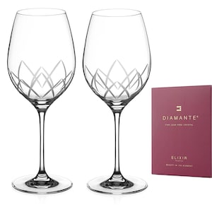 DIAMANTE Red Wine Glasses Pair – ‘Lotus’ Collection Hand Cut Crystal Wine Goblets Set of 2