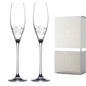 DIAMANTE Champagne Flute Glasses Pair with Etched Design - Perfect Gift