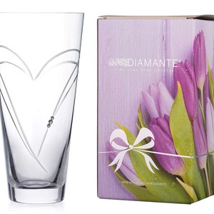 DIAMANTE Herz in Herz handgeschliffene Kristallvase mit Swarovski Kristallen 25 cm - Perfektes Geschenk