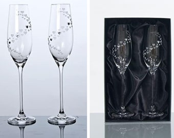 DIAMANTE Swarovski Crystal Champagne Flutes Prosecco Glasses - ‘Loving Heart’- Embellished with Swarovski Crystals – Set of 2