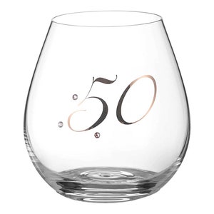 DIAMANTE Swarovski 50th Birthday Stemless Wine Gin Glass – Embossed and Swarovski Crystals – Gift Boxed