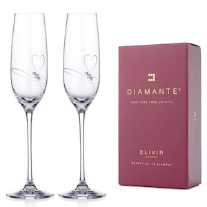 DIAMANTE Romance Wedding Champagne Flutes – Swarovski Crystal Heart Glasses – Gift Boxed Crystal Flutes – Wedding Engagement or Anniversary