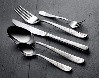 30 Piece Fine Cutlery Set with Floral Pattern Engraving - 'Winnipeg' - Chromium Nickel Stainless Steel Silverware Set by Berndorf