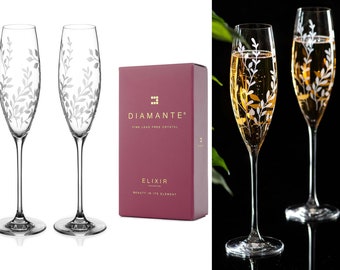 DIAMANTE Crystal Champagne Flutes Prosecco Glasses Pair - ‘Breeze’ - Intricately Etched Floral Leaves Pattern - Set of 2