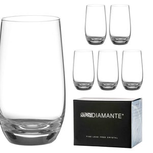 May include: A collection of six clear, stemless drinking glasses with a rounded base and a tall, straight body. The glasses are presented with a single larger glass and a black box with the word "DIAMANTE" and "FINE LEAD FREE CRYSTAL".