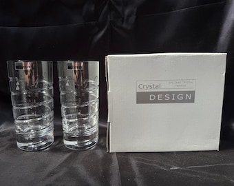 Juego de 2 vasos altos de cristal tallados a mano con diseño de cristal con 24 % de plomo. Vasos de lujo en caja de regalo.