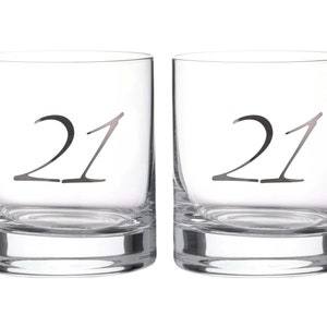 DIAMANTE&quot;21st Birthday&quot; Whisky Tumblers – Pair of Crystal Short Glasses with Platinum Embossed 21 Lettering