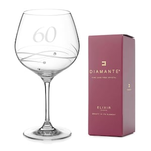 DIAMANTE 60e anniversaire ou anniversaire de Swarovski Gin Copa - Verre à gin en cristal simple, gravé à la main « 60 » - Orné de cristaux Swarovski