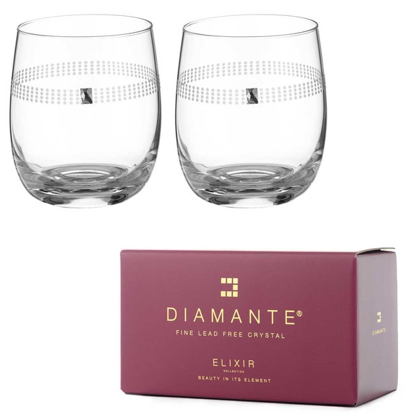 DIAMANTE Swarovski Whisky Glasses Crystal Short Drink Tumblers Pair with ‘Love Always’ Design - Set of 2