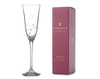 DIAMANTE Swarovski 21st Birthday Champagne Glass – Single Crystal Champagne Flute with a Hand Etched “21” - Embellished with Swarovski...