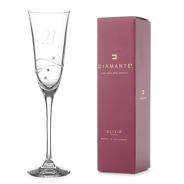 DIAMANTE Copa de champán Swarovski para 21 cumpleaños - Flauta de champán de cristal único con un "21" grabado a mano - Adornada con Swarovski...
