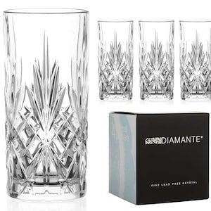 DIAMANTE Chatsworth Hi Ball Tumbler - Perfect for Long Drinks, Cocktails and Water - Premium Lead Free Crystal - Set of 4