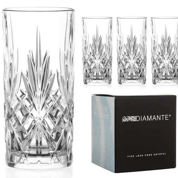 DIAMANTE Gobelet Hi Ball Chatsworth - Parfait pour les longs verres, les cocktails et l'eau - Cristal sans plomb de qualité supérieure - Lot de 4