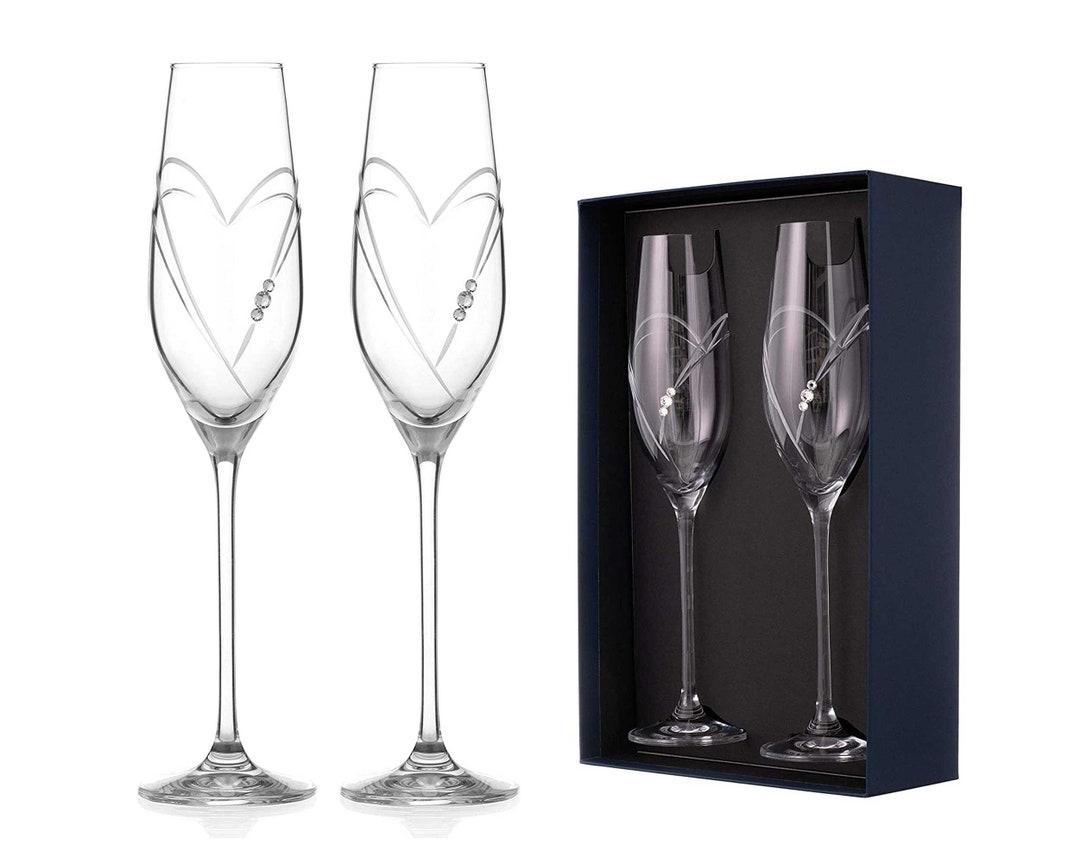 DIAMANTE Swarovski Champagne Flutes Prosecco Glasses Pair 'hearts
