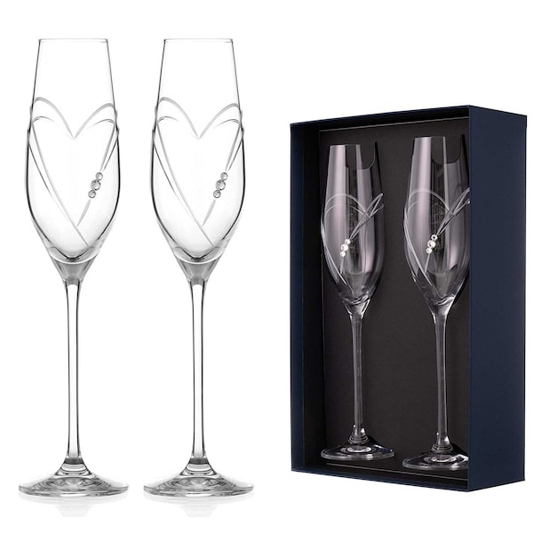 "DIAMANTE Swarovski Champagner Flöten Prosecco Gläser Paar 'Herzen' Design mit Swarovski Kristallen."