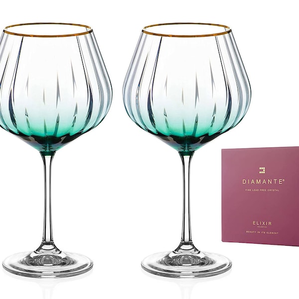 DIAMANTE Gin Glass Copa 'Mirage Verde' - with Green Colour Stain and Gold Rim - Optic Effect - Set of 2
