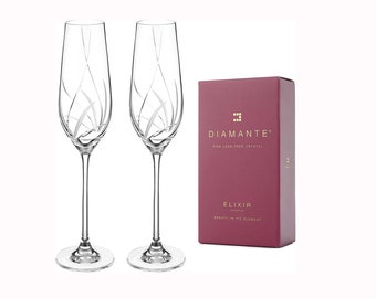 DIAMANTE Champagne Flutes Prosecco Glasses Pair with Meadow Hand Cut Design - Set of 2 Crystal Champagne Glasses