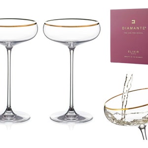 DIAMANTE Crystal Champagne Coupes Cocktail Saucers Elegance with Hand Painted Real Gold Rim - Set of 2