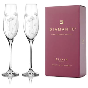 DIAMANTE Crystal Champagne Flute Glasses - Bloom - Hand Cut Floral Pattern Set of 2