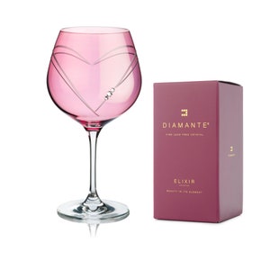 DIAMANTE Pink Gin Copa Glass &#39;Hearts’ - Single Pink Coloured G&T Glass with Crystals