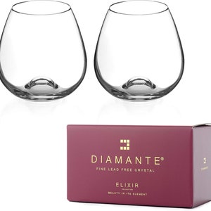 DIAMANTE Stemless Wine Glasses Pair ‘Auris’ – Undecorated Crystal Wine Glasses with no stem, stemless Gin Glasses – Box of 2