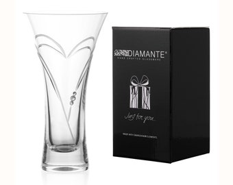 DIAMANTE Trumpet Vase &#39;Hearts&#39; - Small Hand Cut Crystal Vase with Swarovski Crystals - 18 cm