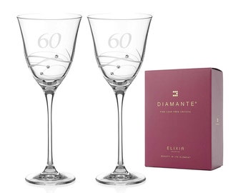 DIAMANTE Swarovski 60th Birthday or Anniversary Wine Glasses – Pair of Crystal Wine Glasses with Hand Etched “60” with Swarovski Crystals