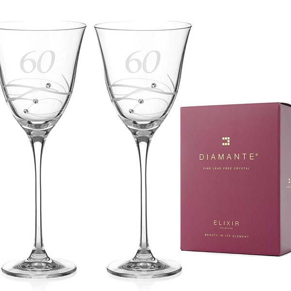 Verres à vin Swarovski pour 60e anniversaire ou anniversaire de mariage DIAMANTE – Paire de verres à vin en cristal avec « 60 » gravé à la main avec des cristaux Swarovski
