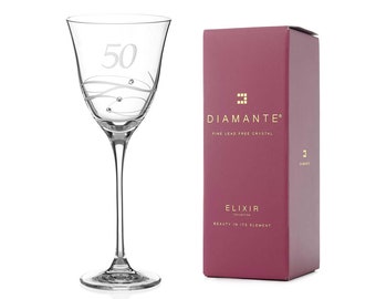 DIAMANTE Swarovski 50th Birthday Wine Glass – Single Crystal Wine Glass with a Hand Etched “50” - Embellished with Swarovski Crystals