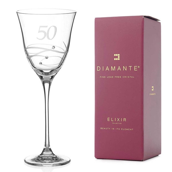 DIAMANTE Verre à vin 50e anniversaire Swarovski - Verre à vin en cristal simple avec un « 50 » gravé à la main - Orné de cristaux Swarovski