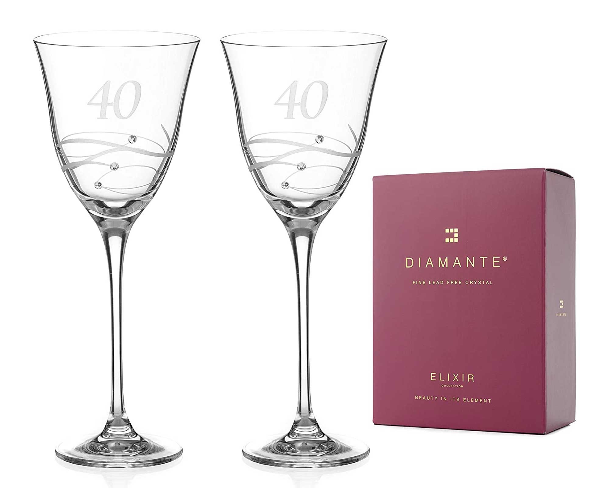 DIAMANTE Swarovski 40th Birthday or Anniversary Wine Glasses Pair