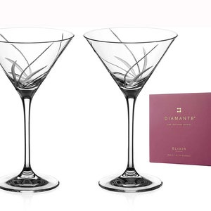 DIAMANTE Swarovski Martini Cocktail Glasses Pair - &#39;Meadow&#39; - Hand Cut Set of 2