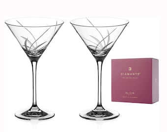 DIAMANTE Swarovski Martini Cocktail Glasses Pair - 'Meadow' - Hand Cut Set of 2