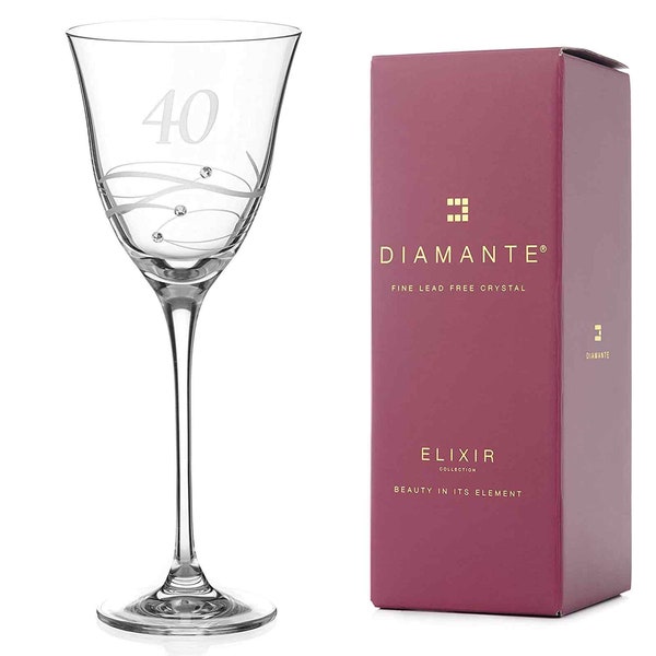 DIAMANTE Swarovski 40th Birthday Wine Glass – Single Crystal Wine Glass with a Hand Etched “40” - Embellished with Swarovski Crystals