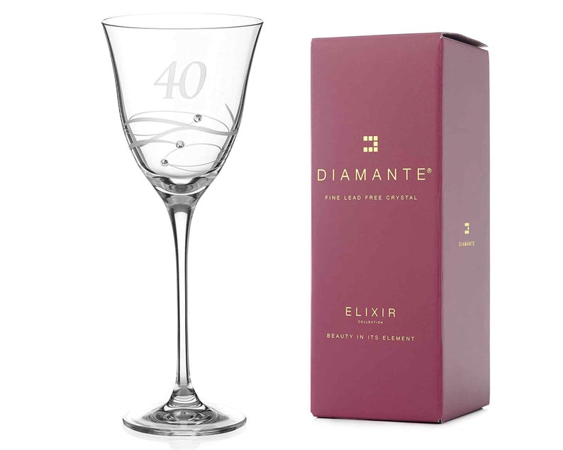 DIAMANTE Swarovski Bicchiere da vino per il 40 compleanno Bicchiere da vino in cristallo singolo con un 40 inciso a mano Impreziosito da cristalli Swarovski immagine 1